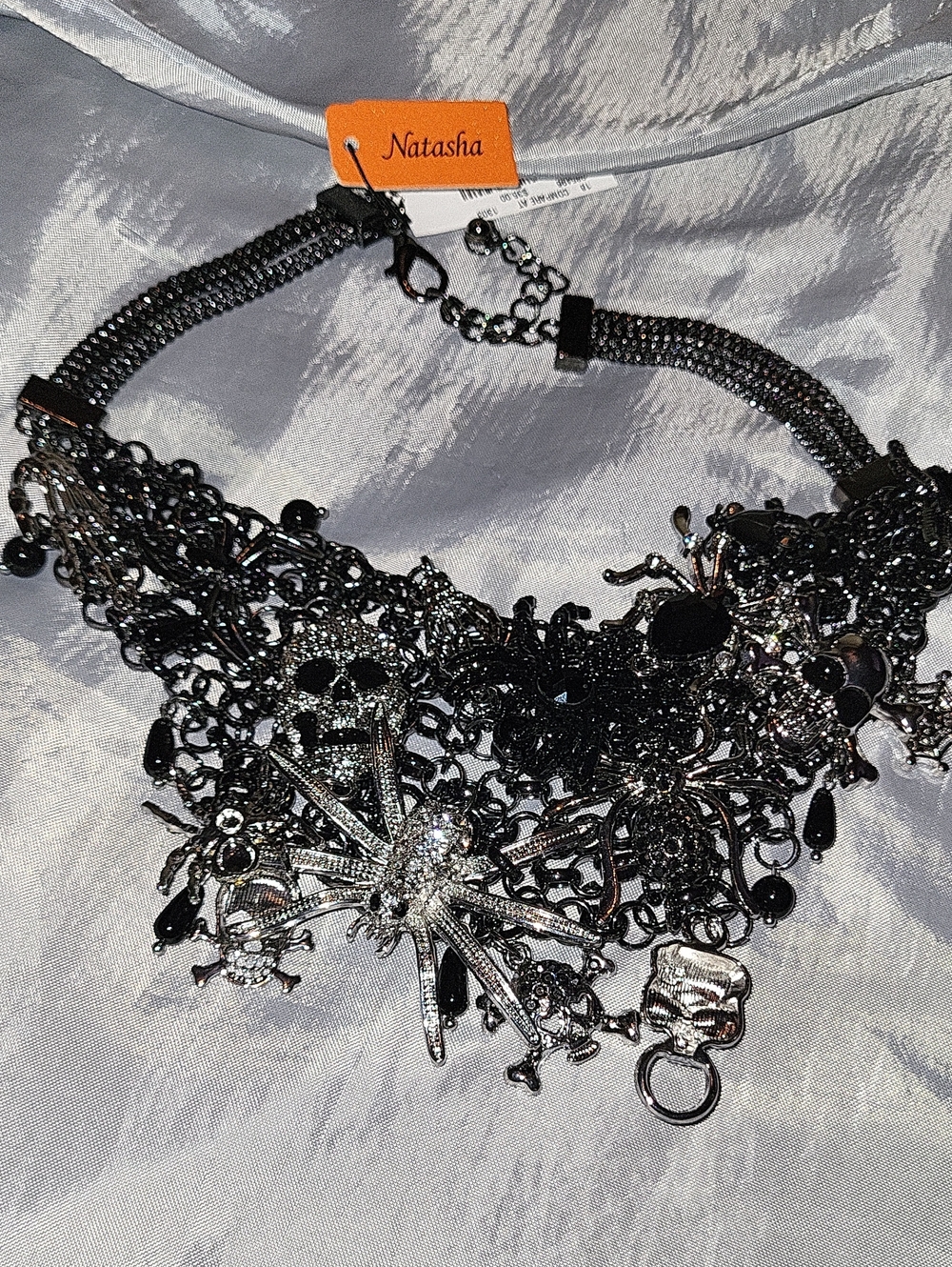 Natasha Couture Black Silver Rhinestone Gothic Charm Ha Necklace